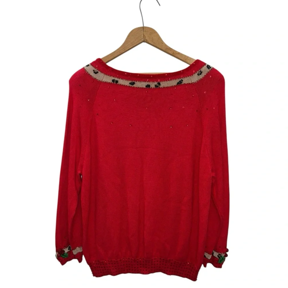 VTG Berek Ugly Christmas Sweater XL Red Leopard Bow Mistletoe Embellished Sequin